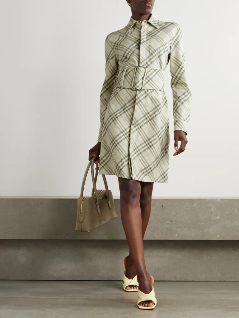 Burberry Belted Checked Linen-bend Mini Shirt Dress