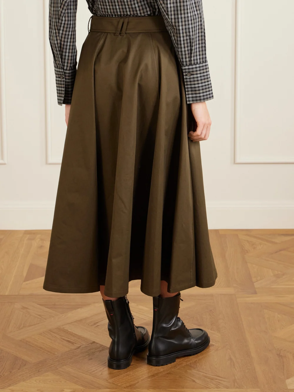 Back view of the Burberry Belted Cotton Midi Skirt