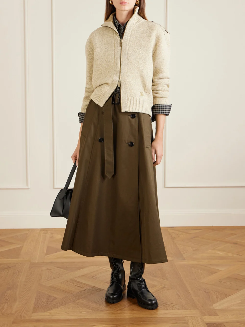 Burberry Belted Cotton Midi Skirt, worn by a model