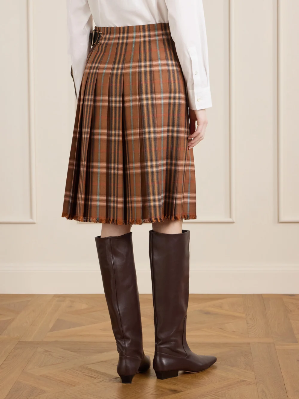 Back view of the Burberry Belted Frayed Checked Wool Skirt