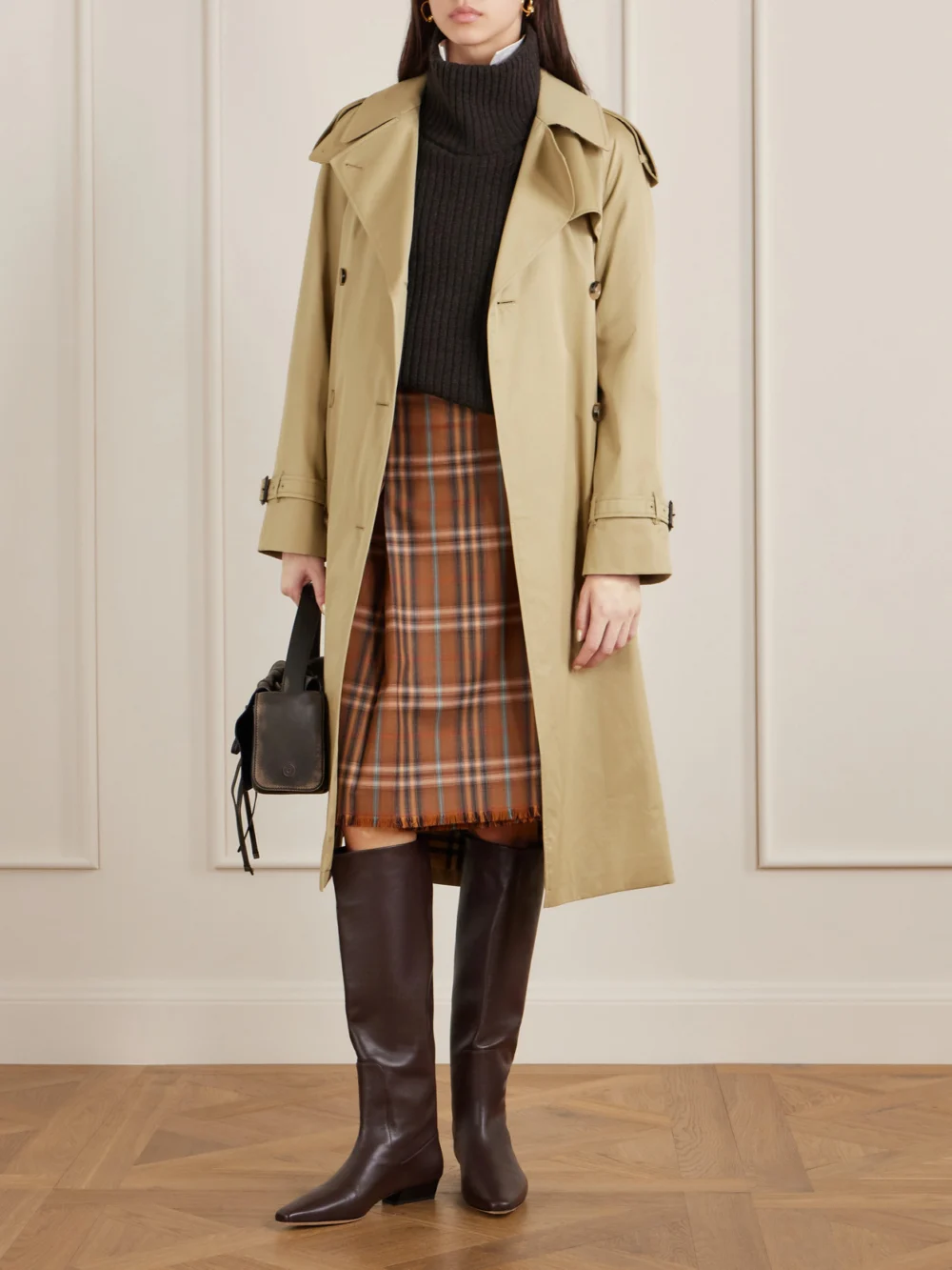 Burberry Belted Frayed Checked Wool Skirt, worn by a model