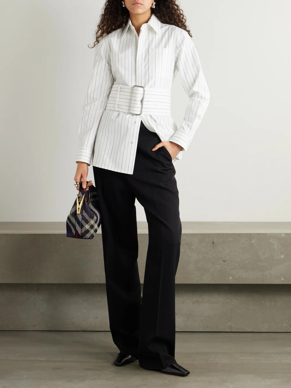 Burberry Belted Pinstriped Cotton-poplin Shirt, worn by a model