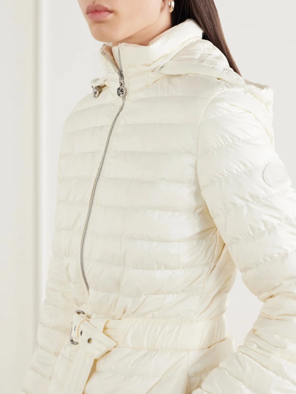 Close-up detail of the Burberry Belted Quilted Padded Shell Hooded Jacket
