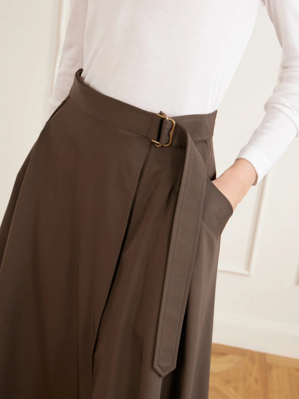 Close-up detail of the Burberry Belted Wool Gabardine Midi Skirt