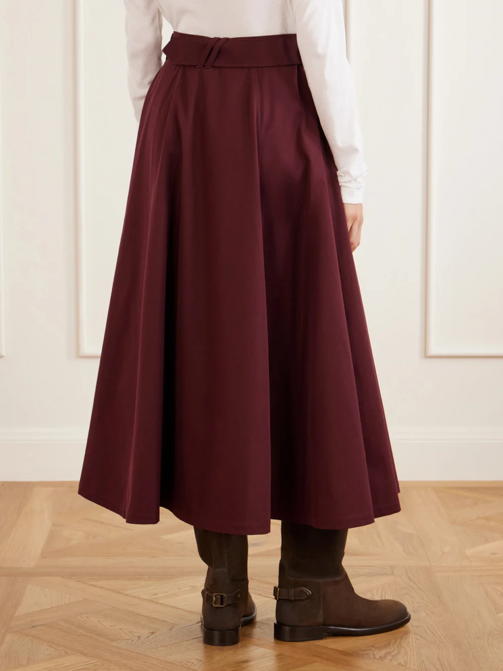 Back view of the Burberry Belted Wool Midi Skirt