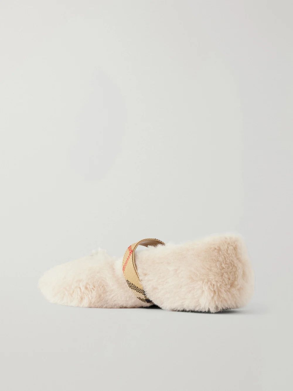 Back view of the Burberry Buckle-detailed Check-trimmed Shearling Ballet Flats