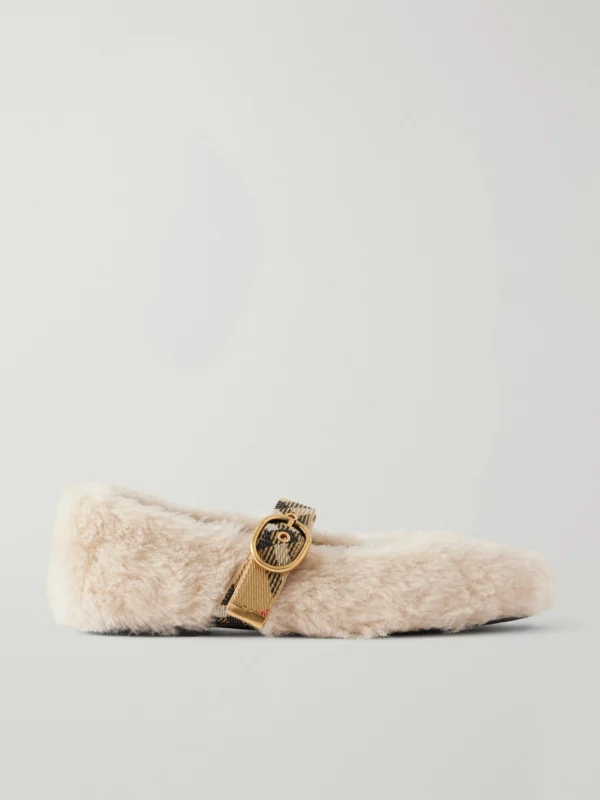 Burberry Buckle-detailed Check-trimmed Shearling Ballet Flats