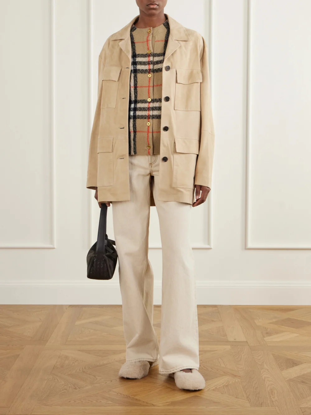 Burberry Buckle-detailed Check-trimmed Shearling Ballet Flats, styled view