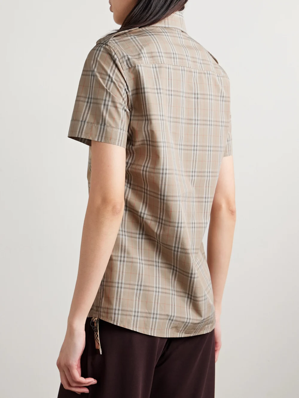 Back view of the Burberry Buckled Ruched Checked Cotton-poplin Shirt