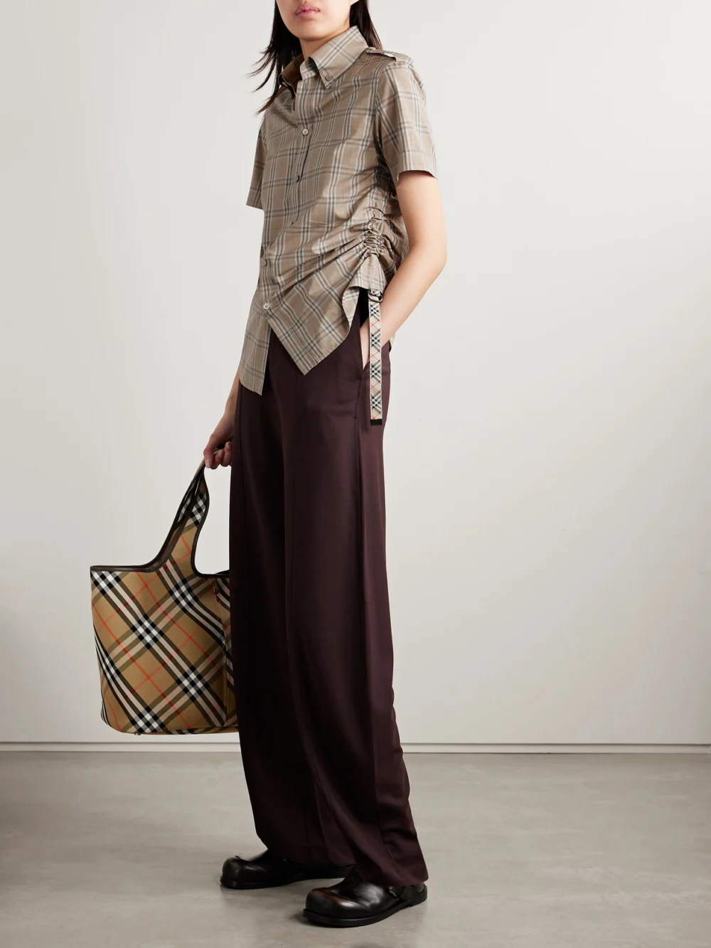 Burberry Buckled Ruched Checked Cotton-poplin Shirt, worn by a model