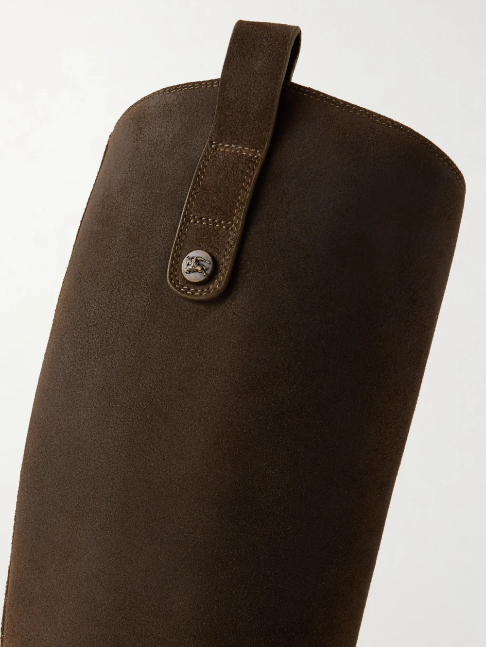 Close-up detail of the Burberry Buckled Suede Knee Boots