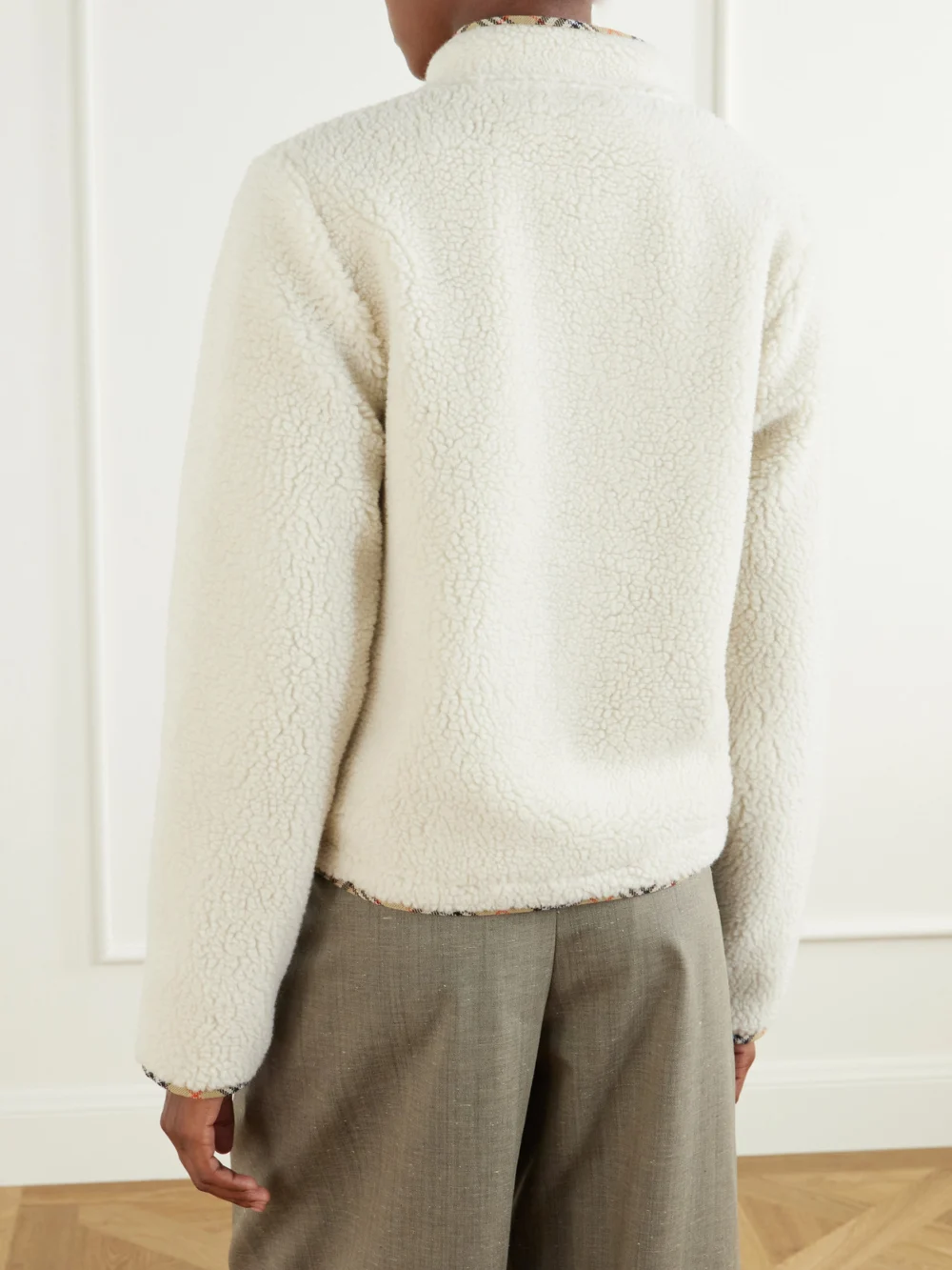Back view of the Burberry Check-trimmed Wool-blend Plush Jacket