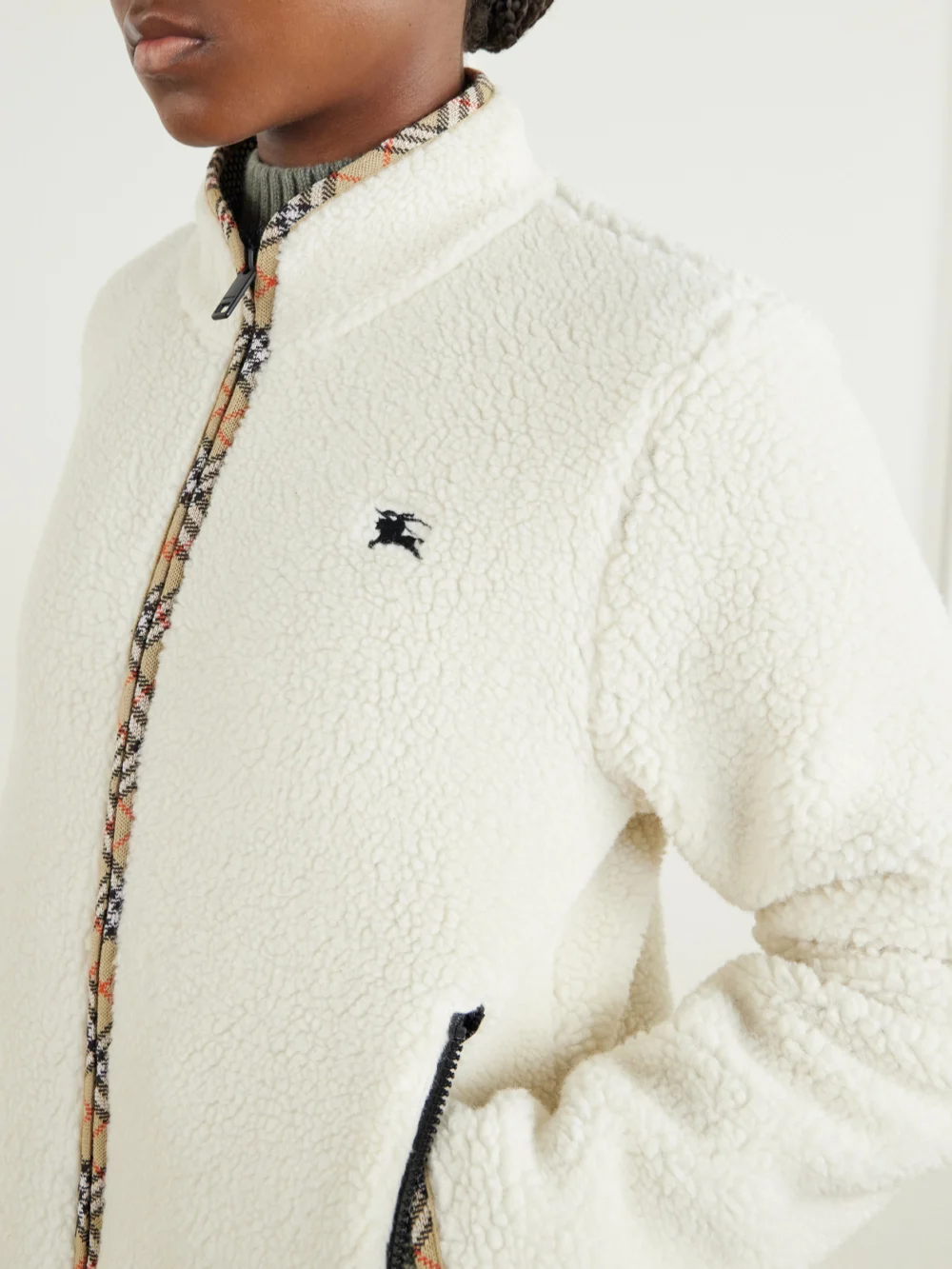 Close-up detail of the Burberry Check-trimmed Wool-blend Plush Jacket