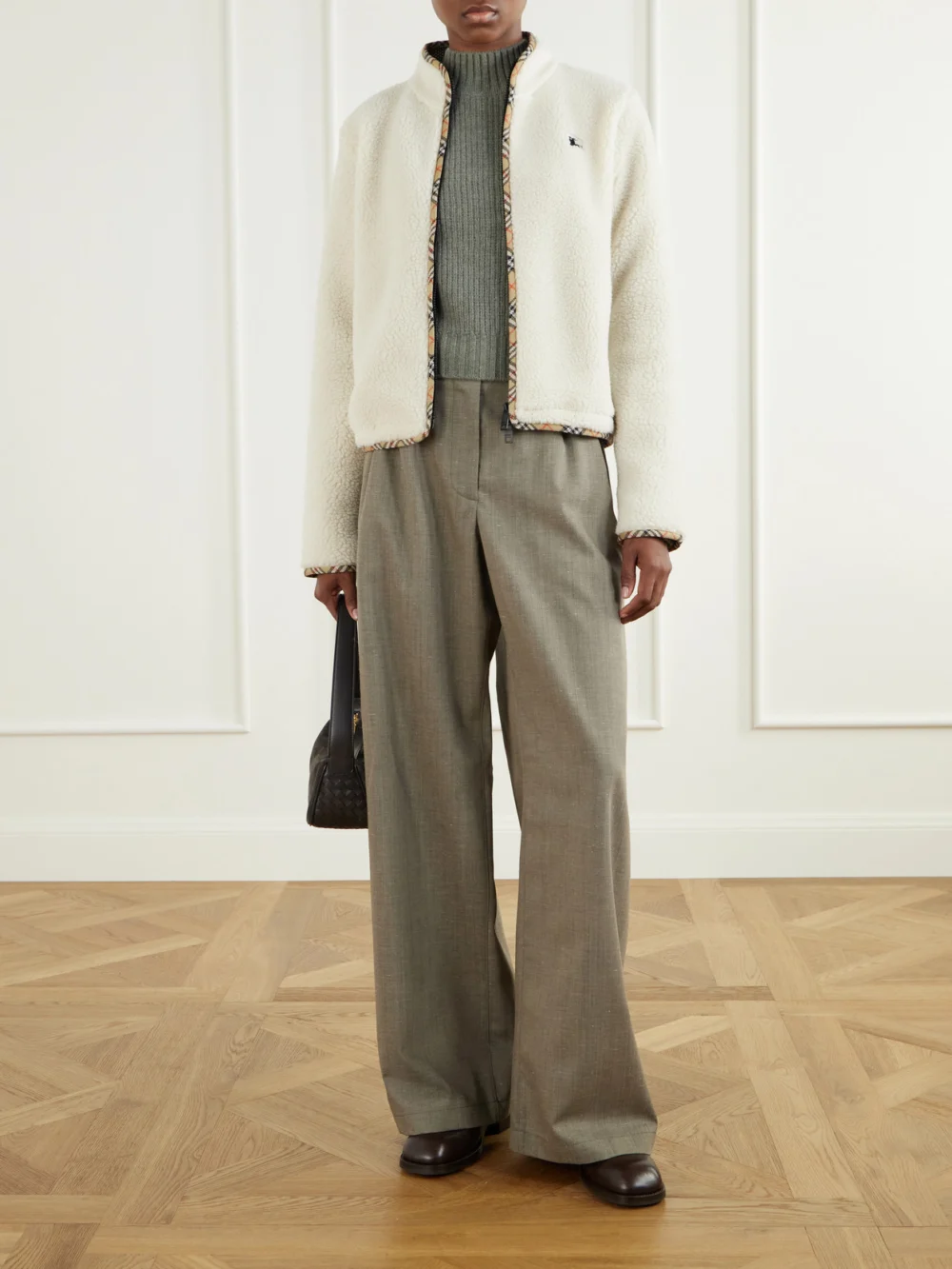 Burberry Check-trimmed Wool-blend Plush Jacket, worn by a model