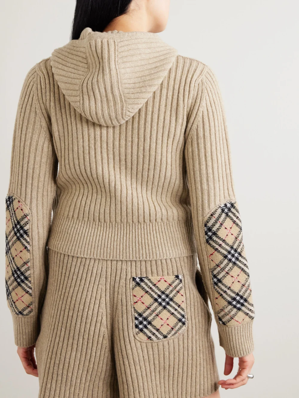 Back view of the Burberry Checked Bouclé-trimmed Ribbed Wool and Cashmere-blend Hoodie