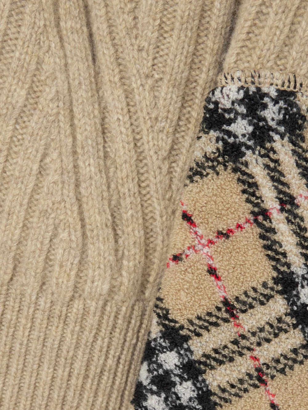 Close-up detail of the Burberry Checked Bouclé-trimmed Ribbed Wool and Cashmere-blend Hoodie