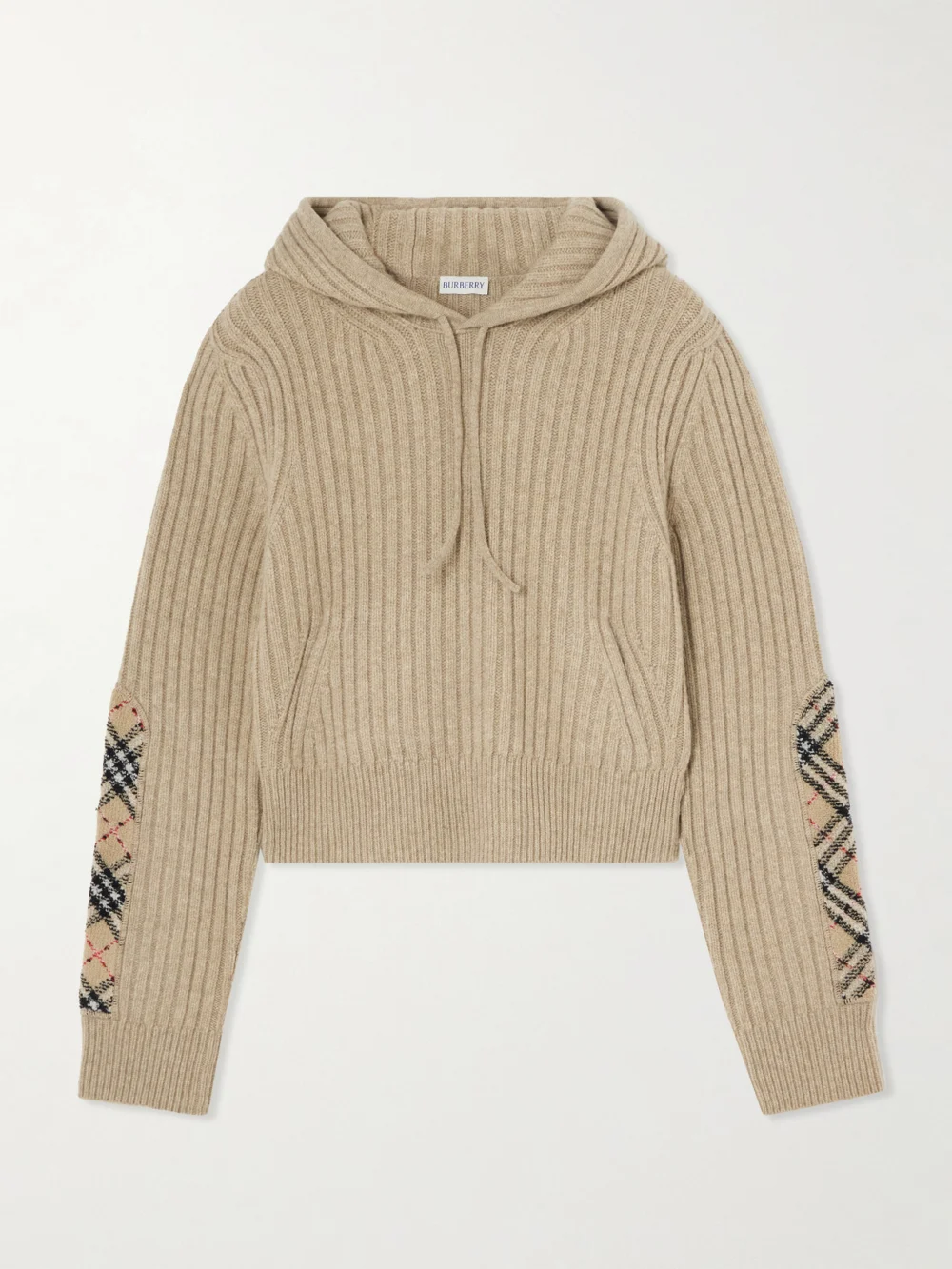 Burberry Checked Bouclé-trimmed Ribbed Wool and Cashmere-blend Hoodie in beige