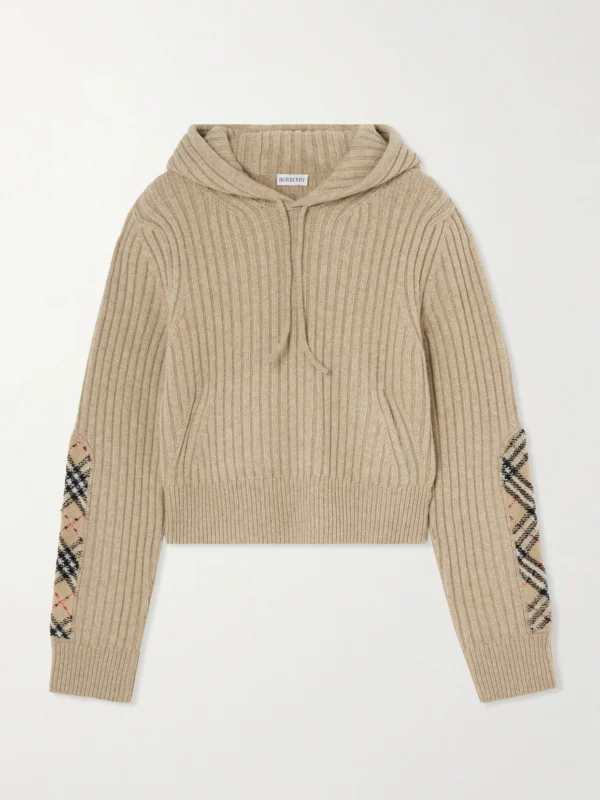 Burberry Checked Bouclé-trimmed Ribbed Wool and Cashmere-blend Hoodie