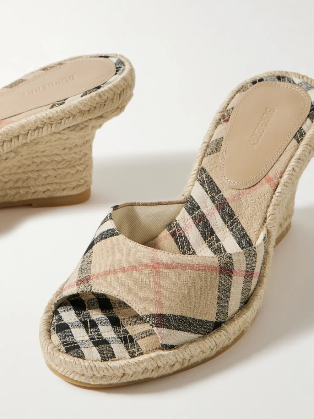 Close-up detail of the Burberry Checked Canvas-jacquard Espadrille Wedge Mules