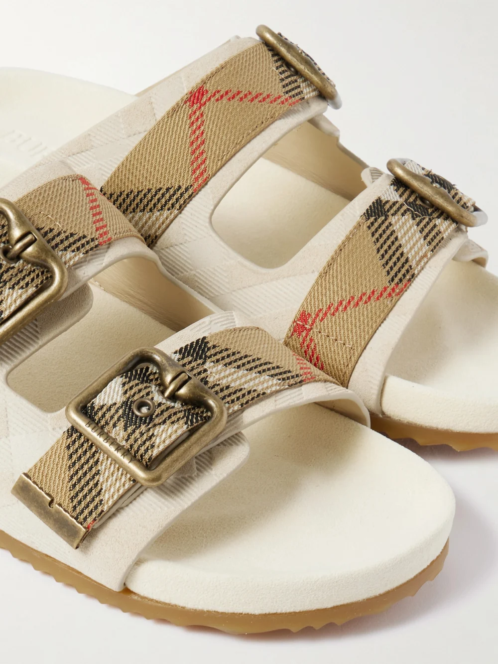 Close-up detail of the Burberry Checked Canvas Jacquard-trimmed Suede Sandals