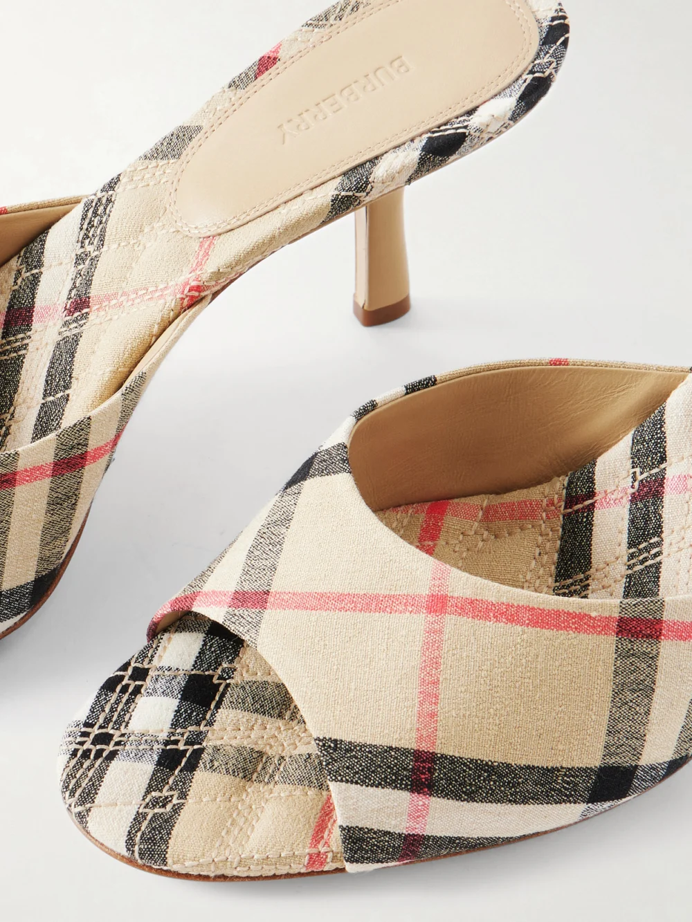 Close-up detail of the Burberry Checked Canvas Mules