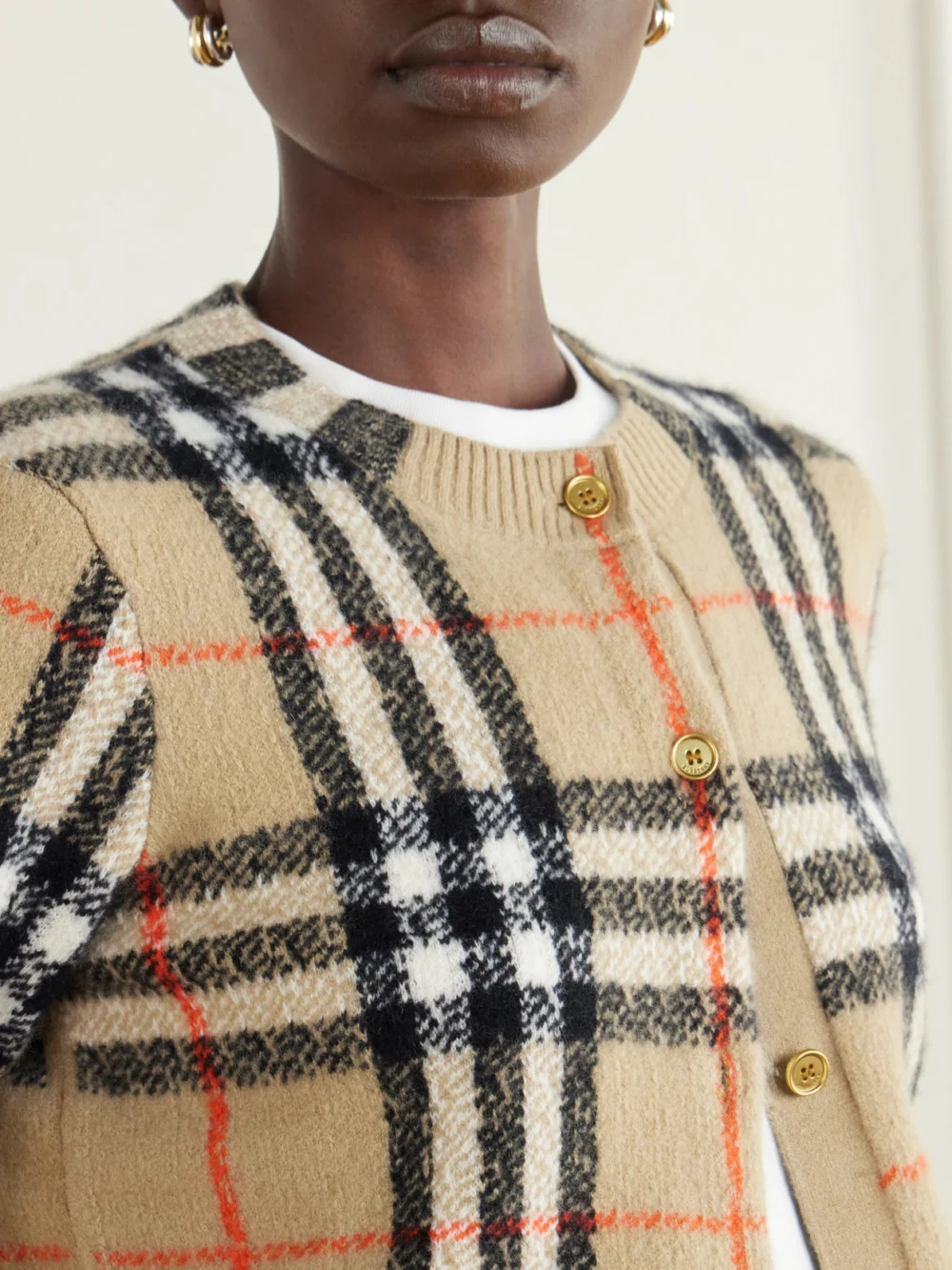 Close-up detail of the Burberry Checked Cashmere Cardigan