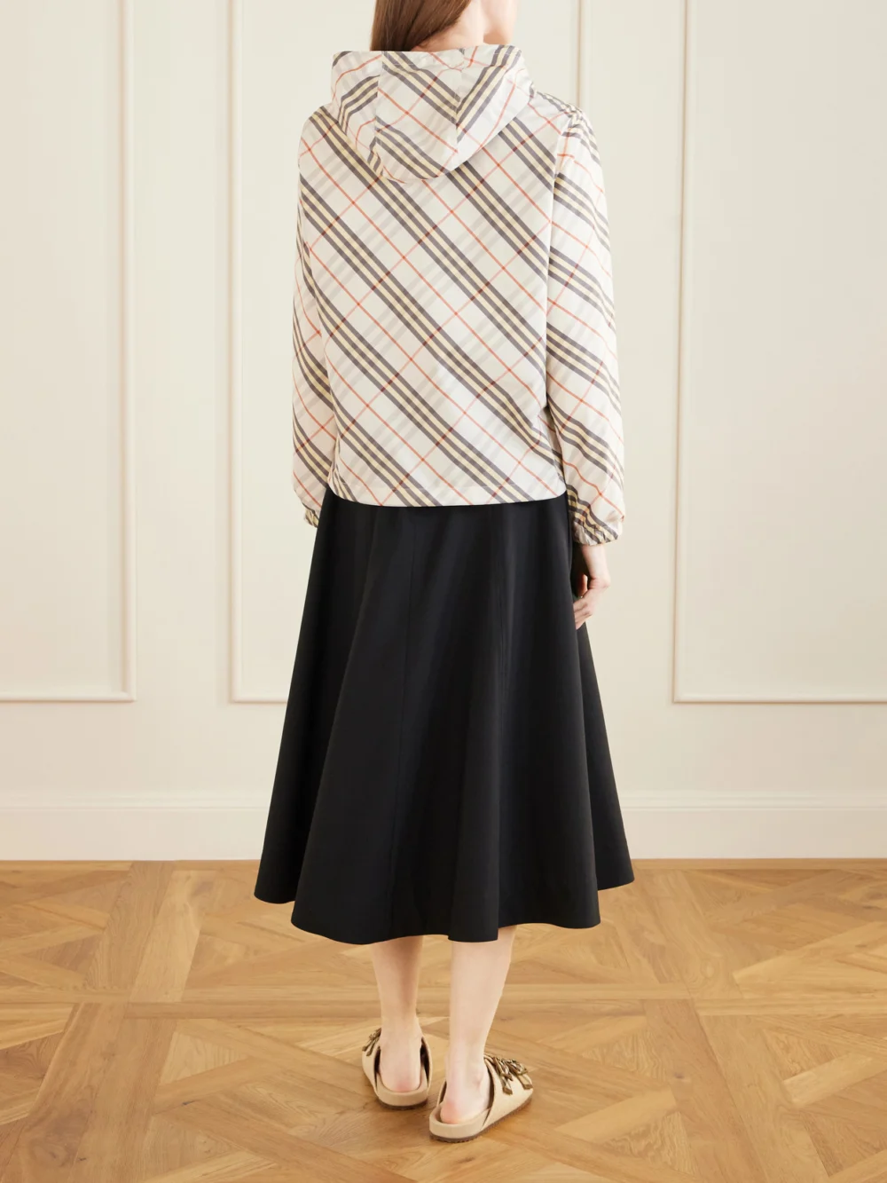 Back view of the Burberry Checked Hooded Shell Jacket