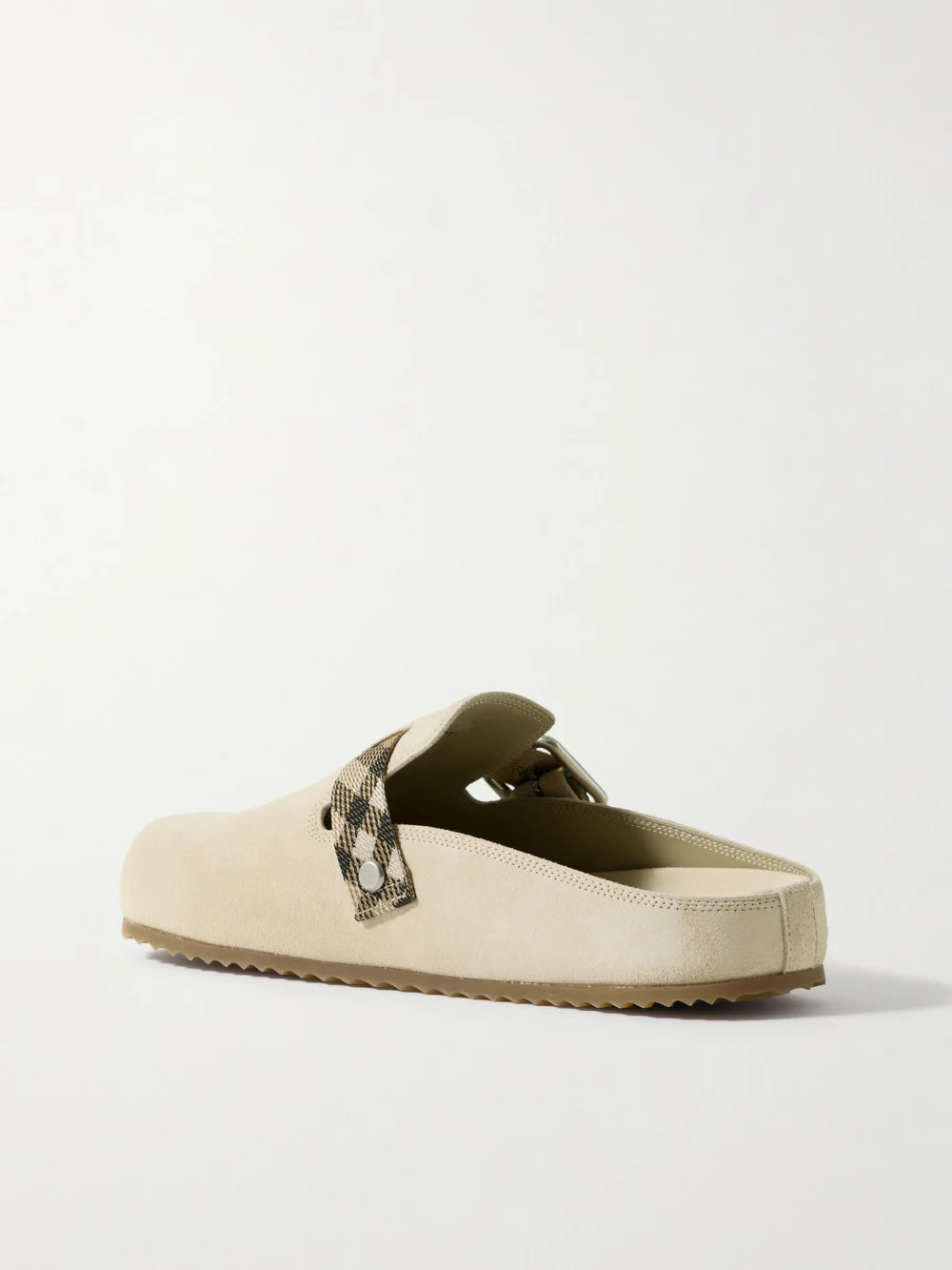 Back view of the Burberry Checked Jacquard-trimmed Buckled Suede Clogs