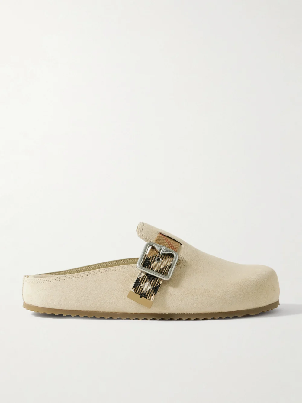 Burberry Checked Jacquard-trimmed Buckled Suede Clogs in beige