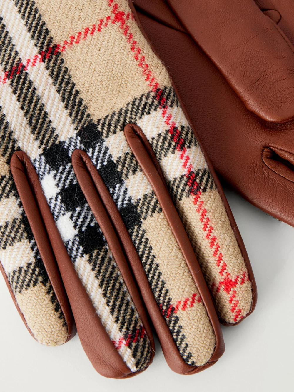 Close-up detail of the Burberry Checked Leather and Wool Gloves