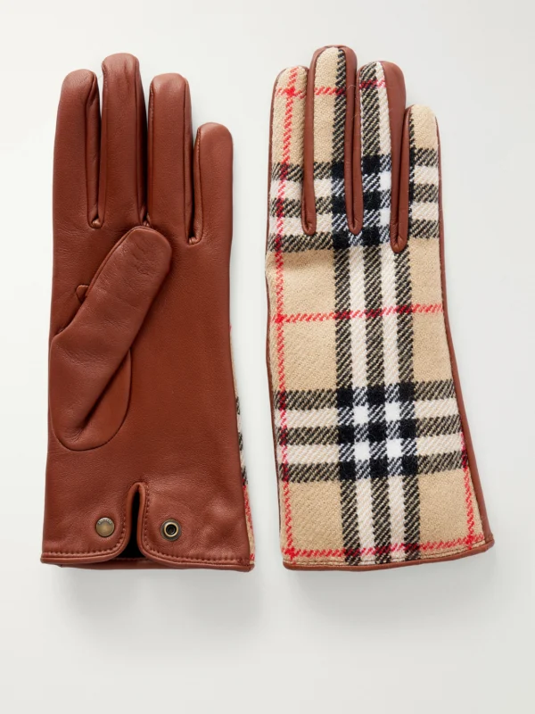 Burberry Checked Leather and Wool Gloves