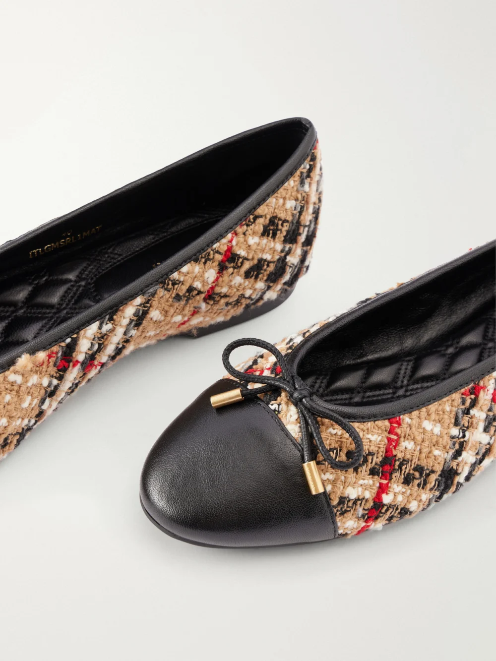 Close-up detail of the Burberry Checked Leather-trimmed Bouclé Ballet Flats