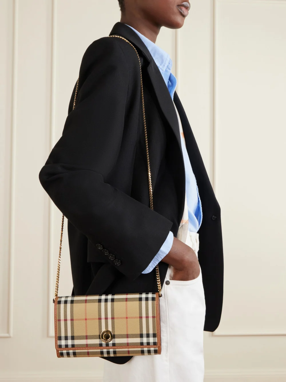 Burberry Checked Leather-trimmed Coated Canvas Clutch, styled view