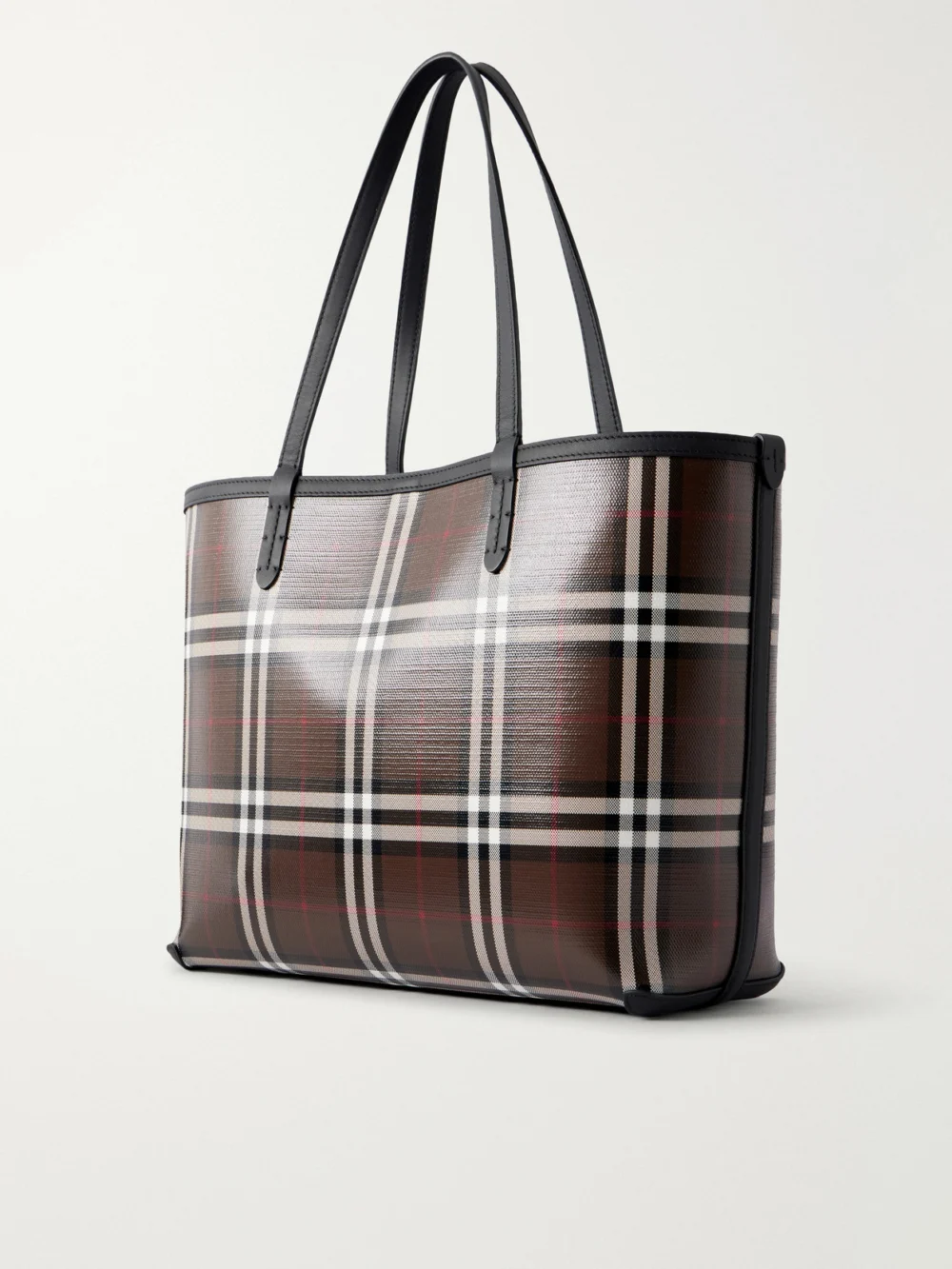 Back view of the Burberry Checked Leather-trimmed Glossy Canvas Tote