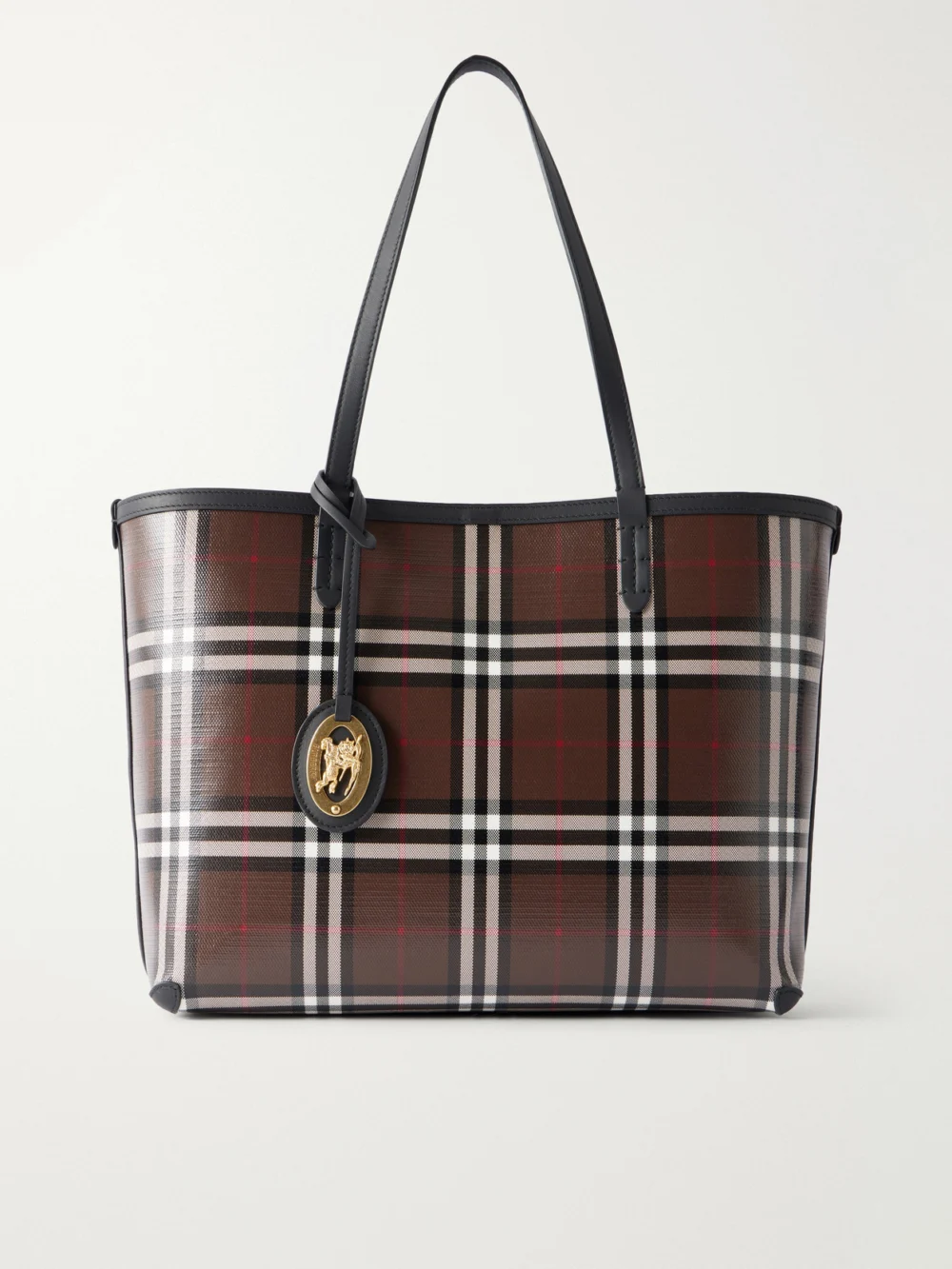 Burberry Checked Leather-trimmed Glossy Canvas Tote in brown