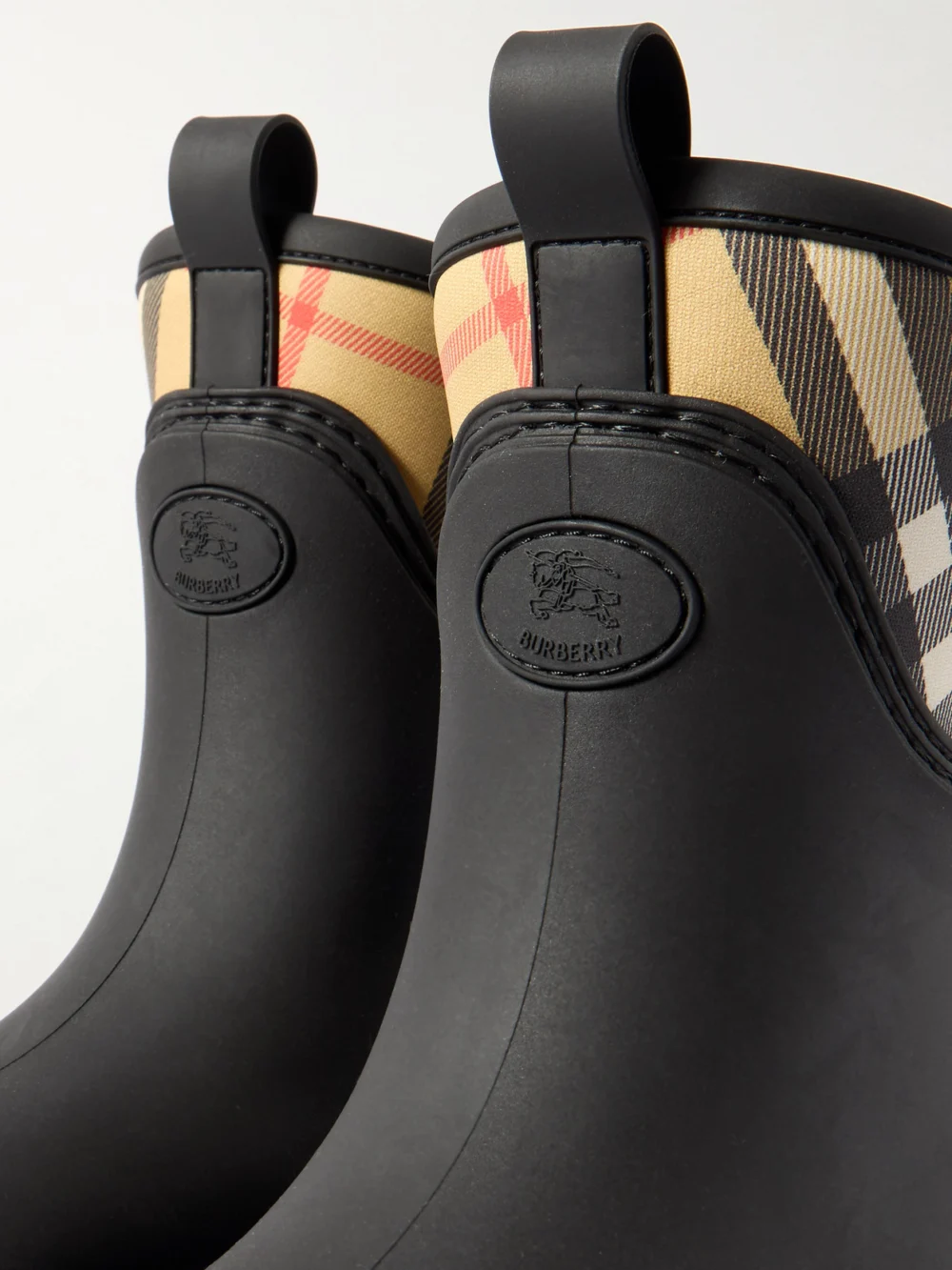 Close-up detail of the Burberry Checked Nylon-paneled Rubber Ankle Boots