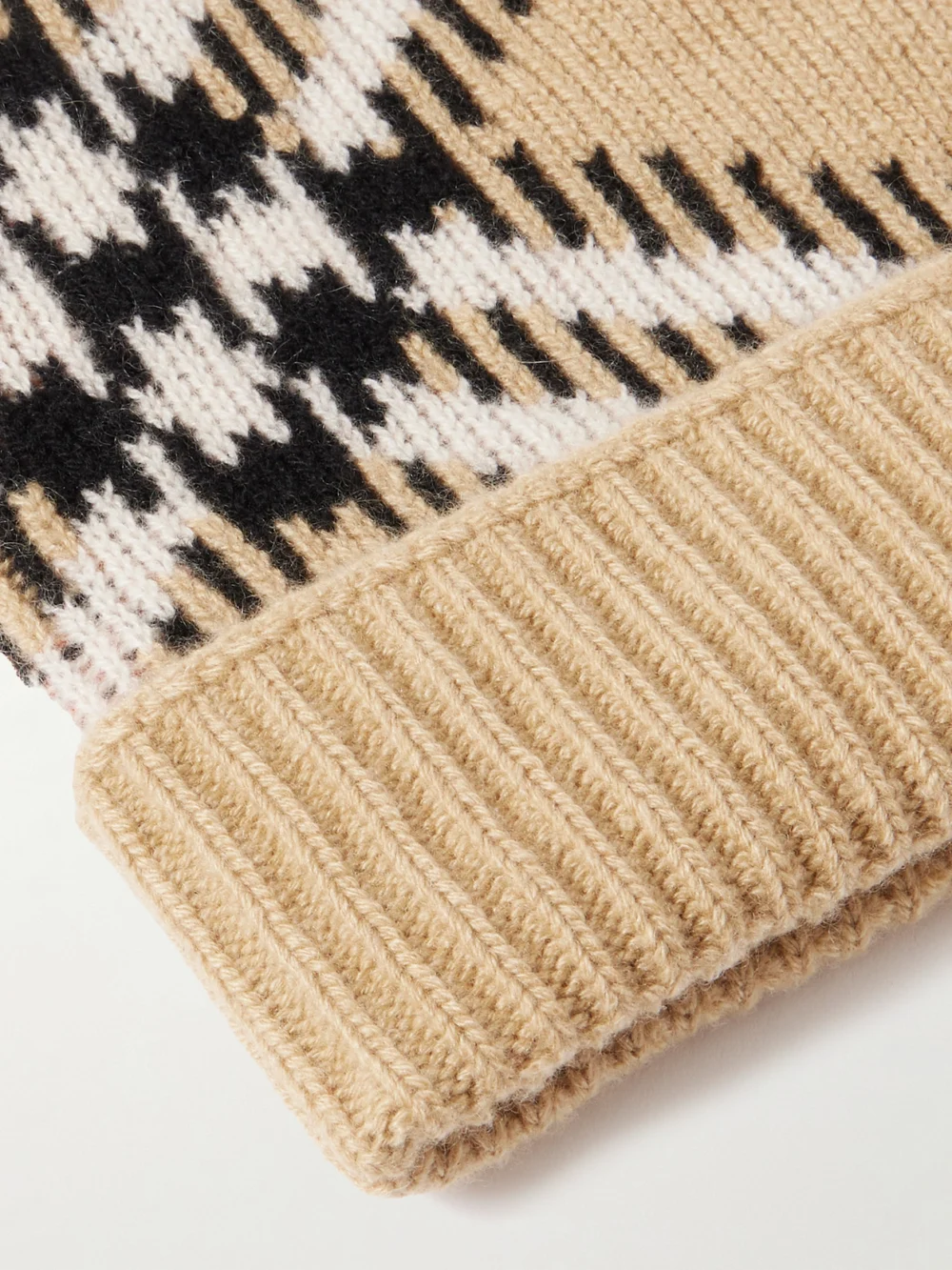Close-up detail of the Burberry Checked Ribbed Cashmere-blend Beanie
