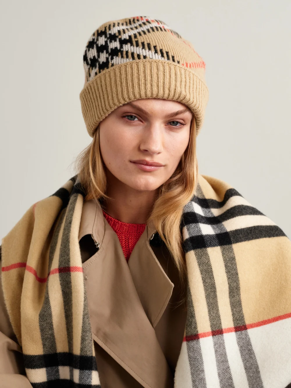Burberry Checked Ribbed Cashmere-blend Beanie, styled view