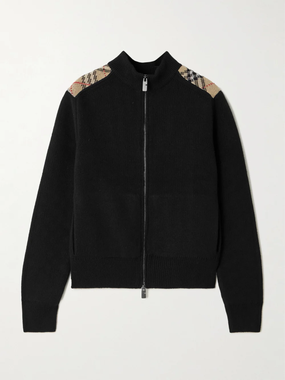 Burberry Checked Ribbed Wool and Cashmere-blend Turtleneck Cardigan in black