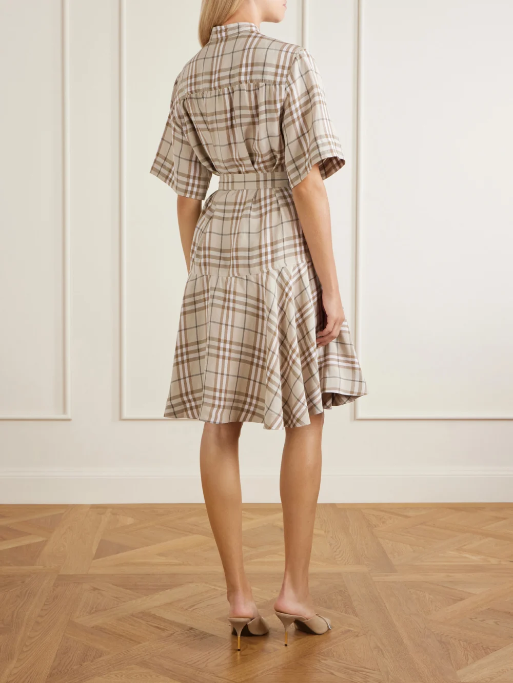 Back view of the Burberry Checked Woven Mini Dress