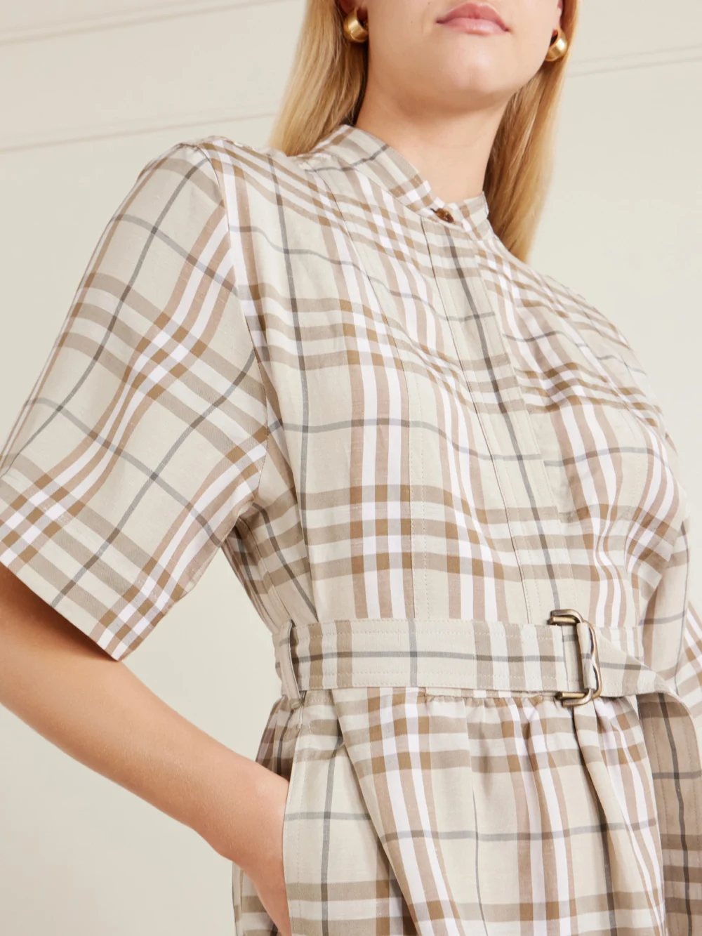 Close-up detail of the Burberry Checked Woven Mini Dress