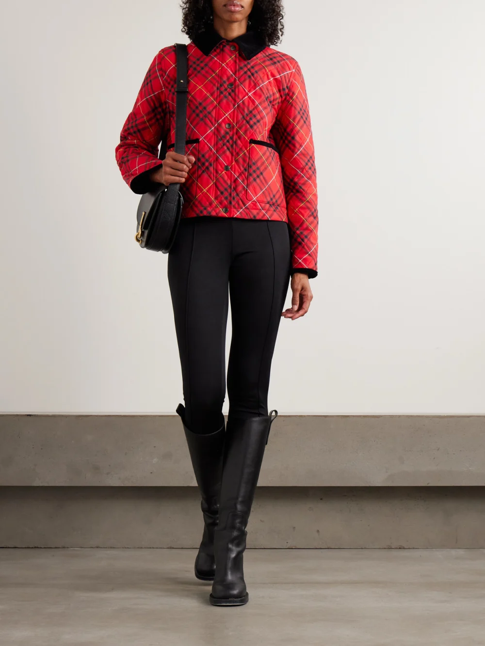Burberry Corduroy-trimmed Quilted Checked Cotton Jacket, worn by a model