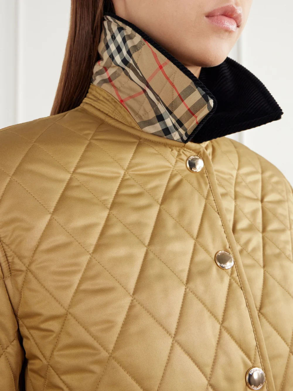 Close-up detail of the Burberry Corduroy-trimmed Quilted Shell Jacket