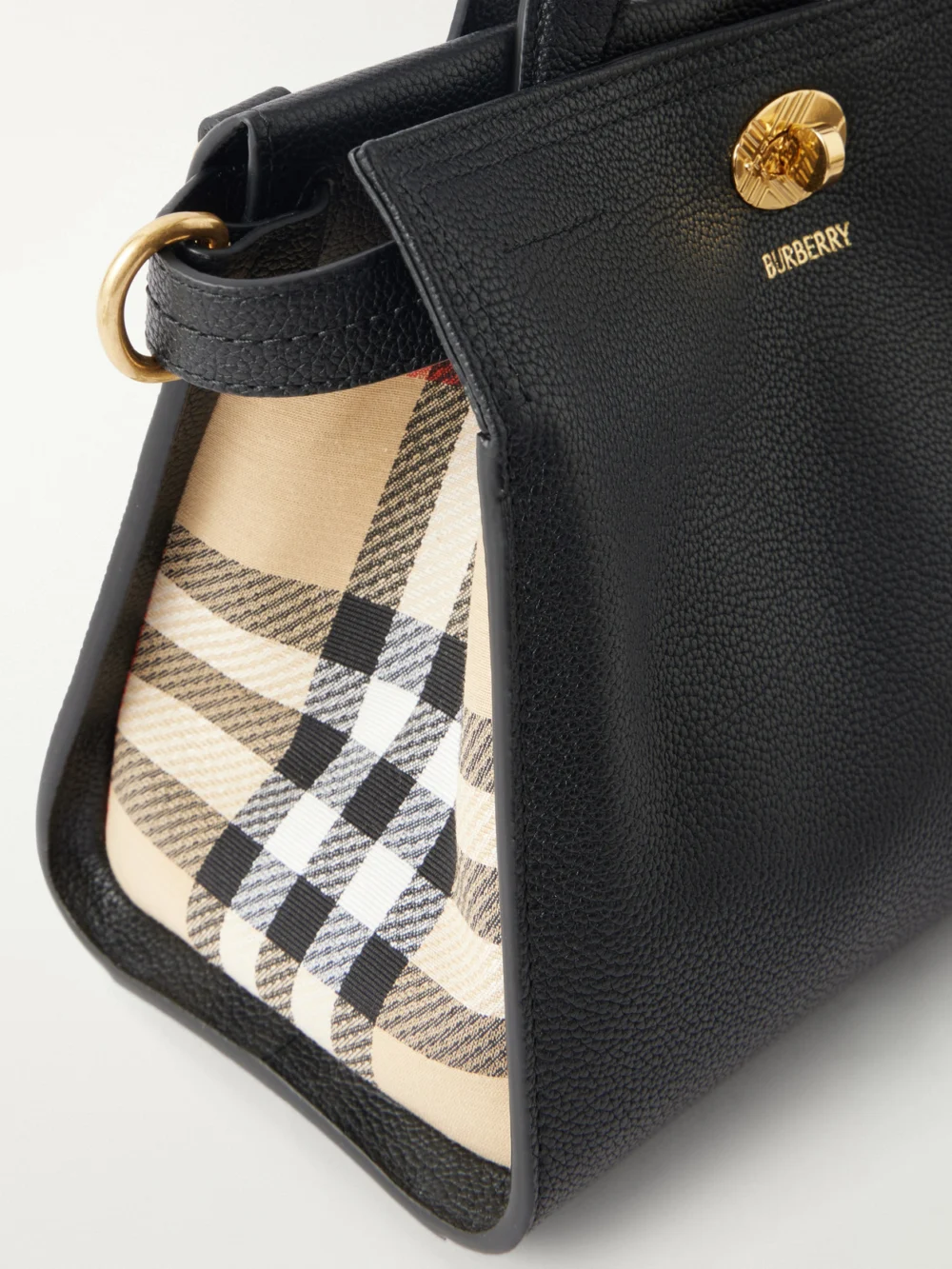 Close-up detail of the Burberry Cotswolds Mini Checked Canvas-trimmed Leather Tote