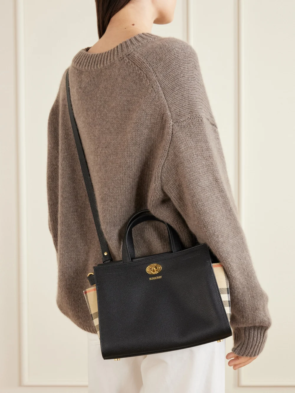 Burberry Cotswolds Mini Checked Canvas-trimmed Leather Tote, styled view