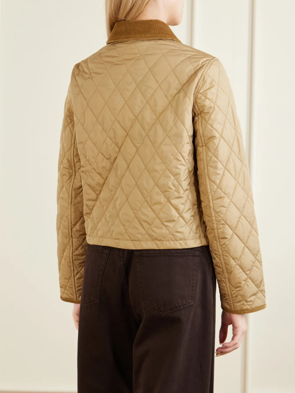 Back view of the Burberry Cropped Corduroy-trimmed Quilted Shell Jacket