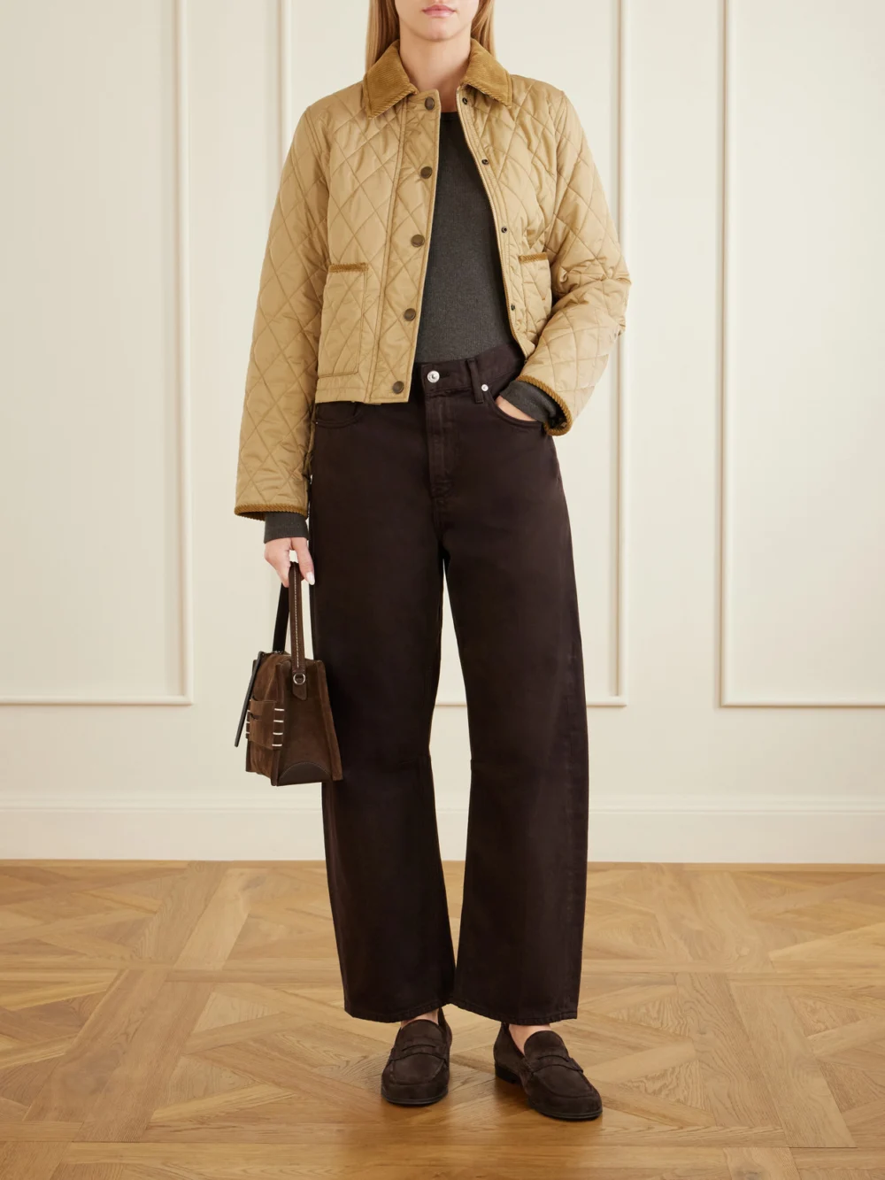 Burberry Cropped Corduroy-trimmed Quilted Shell Jacket, worn by a model