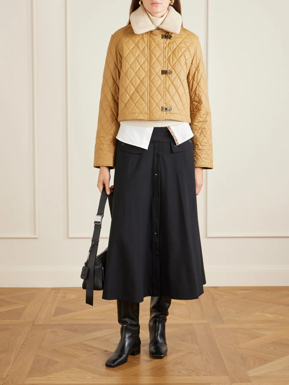 Burberry Cropped Shearling-trimmed Coated-cotton Jacket, worn by a model