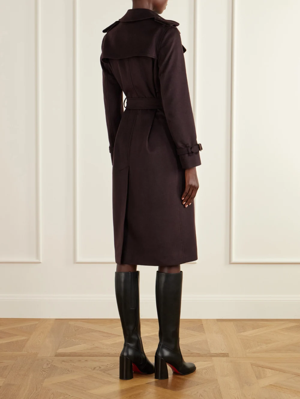 Back view of the Burberry Double-breasted Belted Cashmere Trench Coat
