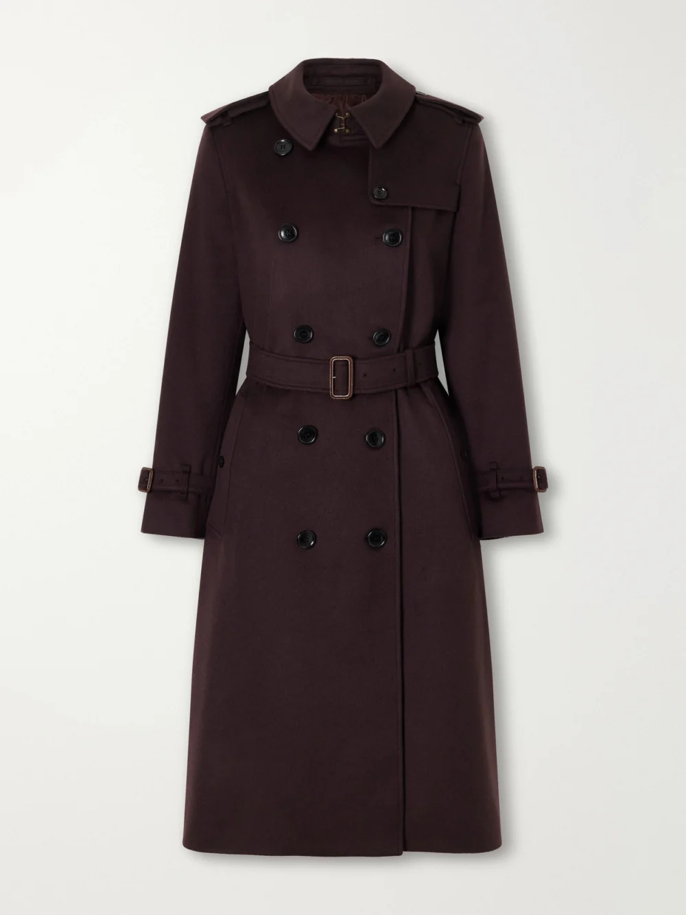 Burberry Double-breasted Belted Cashmere Trench Coat in burgundy